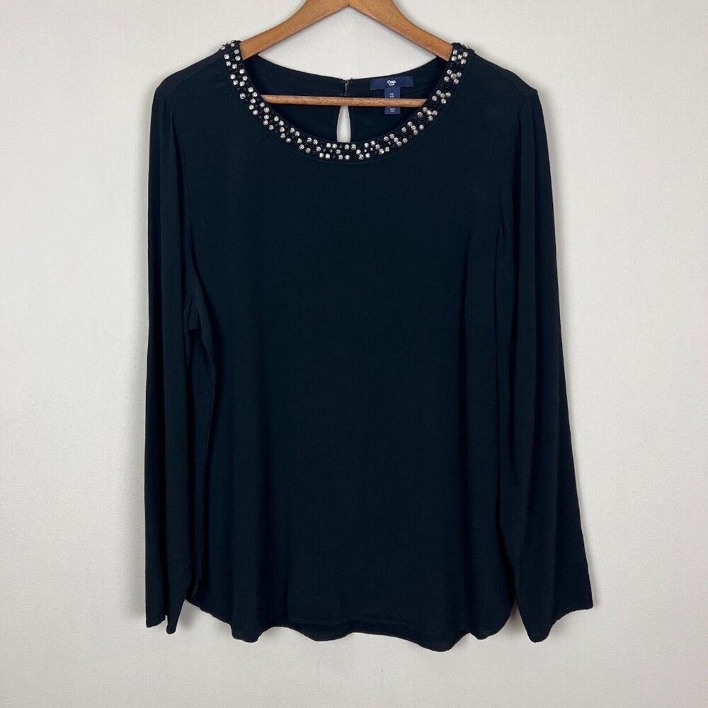 Gap Blouse‎ Top Womens Large Black Embellished Neck Long Sleeve Rhinestones L